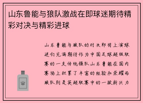 山东鲁能与狼队激战在即球迷期待精彩对决与精彩进球