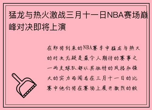 猛龙与热火激战三月十一日NBA赛场巅峰对决即将上演