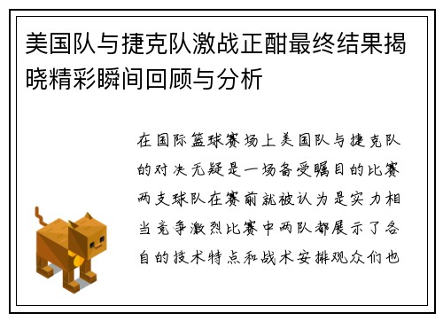 美国队与捷克队激战正酣最终结果揭晓精彩瞬间回顾与分析
