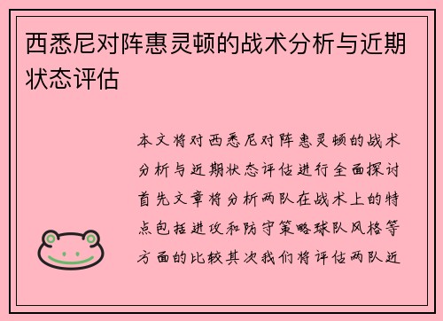 西悉尼对阵惠灵顿的战术分析与近期状态评估