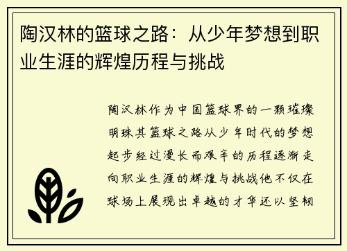 陶汉林的篮球之路：从少年梦想到职业生涯的辉煌历程与挑战