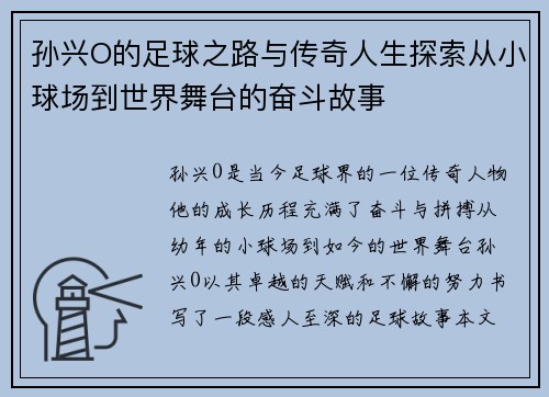孙兴O的足球之路与传奇人生探索从小球场到世界舞台的奋斗故事