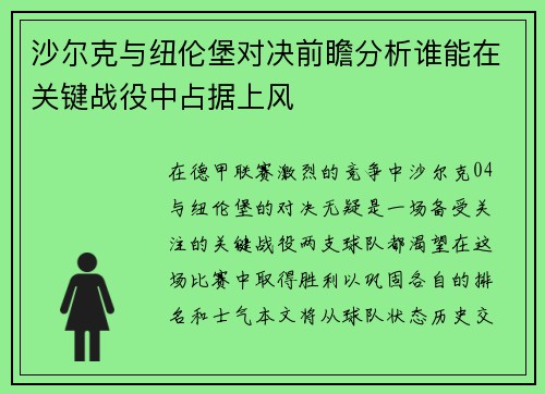 沙尔克与纽伦堡对决前瞻分析谁能在关键战役中占据上风