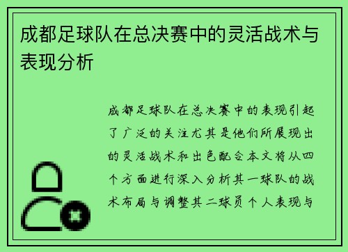 成都足球队在总决赛中的灵活战术与表现分析