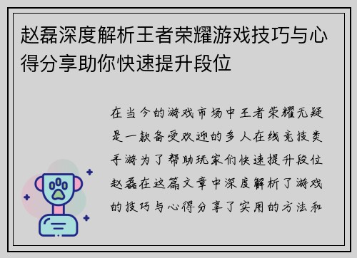 赵磊深度解析王者荣耀游戏技巧与心得分享助你快速提升段位